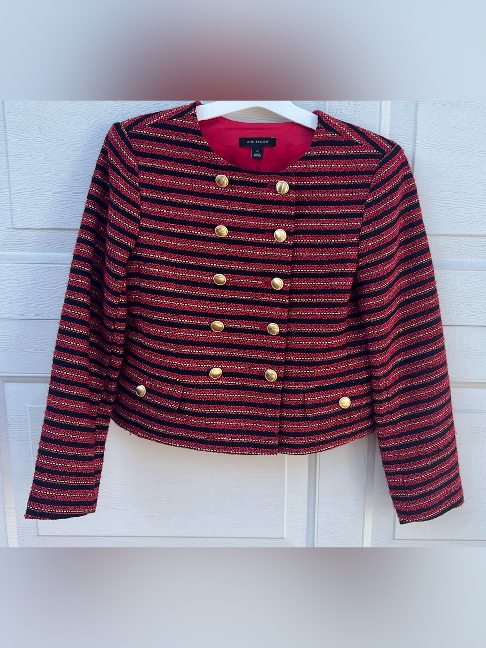 Women's Ann tailor tweet blazer double breast crew neck red stripes 8P - Picture 2 of 6